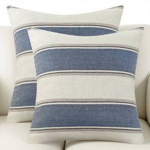 lot 18005 image: AmHoo Pack of 2 Farmhouse Linen Throw Pillow Cover Cushion Stripe Decoration Buffalo Retro Pillowcase with Hidden Zipper for Sofa Bedroom Car 24 x 24 Inch Blue
