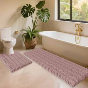 lot 18022 image: ACCUMTEK Striped Dusty Pink Toilet Bathroom Rug Mat Set 2 piece Rug Ultra Soft, Non Slip Chenille Bath Rugs, Absorbent Plush Shaggy Bath Mats for Bathroom, Bedroom, Kitchen, Shower, Tub