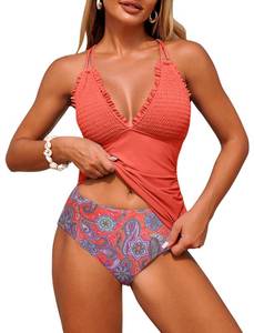 lot 18045 image: ZAFUL Swim Suits for Women 2025 Smocked Two Piece Tankinis Modest High Waisted Tummy Control Simsuits Sexy Slimming Ruched Push Up Bathing Suit Retro Ruffle Full Coverage Tankini Swimwear Orange M