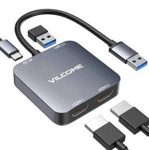lot 18081 image: vilcome USB to HDMI Adapter, USB 3.0 to Dual HDMI Adapter with USB 3.0 Port, Audio Video Graphics Converter Cable for Laptop Monitor Desktop TV, Compatible with Mac OS, Windows