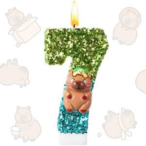 lot 18083 image: Lounsweer Capybara Sparkle Number 7 Birthday Candle Cake Toppers Capybara Birthday Party Decorations with Sequins and Candlestick Green and Blue Glitter Number Cupcake Candle Capybaras Lover Supplies