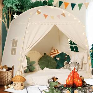 lot 18118 image: Sumbababy Large Teepee Tent for Kids with Star Lights & Flags - Tent for Kids Indoor Kids Teepee for Boys & Girls - Playhouse Inside Canopy Bed for Playroom Gift Toys (Cream)