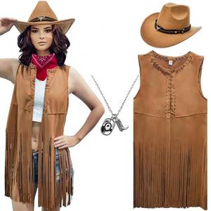 lot 18125 image: ATAMET Western Cowgirl Outfits for Women Cowgirl Fringe Vest Cowboy Hat Necklace Bandana,70s Hippie Costume for Halloween (Brown, M)