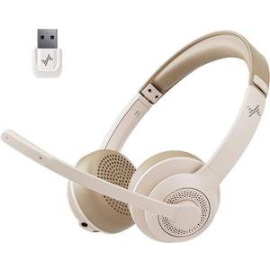 lot 18132 image: JIAMQISHI Wireless Headset with AI Noise Cancelling Microphone Bluetooth Headset - Bluetooth V5.2 Headphones with USB Dongle & Mic Mute for ComputerLaptopPCiPhoneAndroidCell Phones (White)