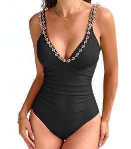 lot 18133 image: RIHOAS One Piece Swimsuit for Women V Neck with Chain Tummy Control Bathing Suit Slimming Push Up Swimwear Black