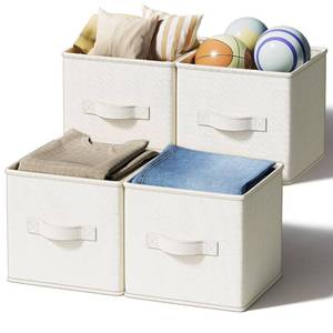 lot 19278 image: LayerSpace 4 Pack Foldable Fabric Closet Storage Bins, 11Inch Organizer Cubes with Handles, Linen Storage Boxes for Clothes, Toys, Books and Home Organization, White& Ivory