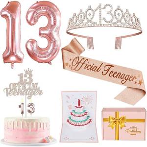 lot 19282 image: 13th Birthday Decorations for Girls, Including 13th Birthday Sash and Tiara, Cake Topper and Candles, Number Balloons, 3D Pop Up Greeting Card, Teen Girl Gifts for 13 Year Old