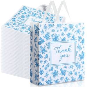 lot 19283 image: Qilery 100 Pcs Blue Floral Gift Bags Bulk Thank You Bags with Handles 12 x 15 Plastic Thank You Appreciation Party Favor Candy Treat Goodie Gift for Christmas Wedding Welcome Bride Shower Engagement
