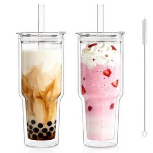 lot 19288 image: KEMORELA 28 oz Double Wall Glass Tumblers Set of 2, Extra-Wide 13mm Reusable Glass Drinking Straws, Boba Tumbler, Wide-Mouth Water Cups for Iced Coffee, Smoothies, Boba & Tea Lovers (Clear)