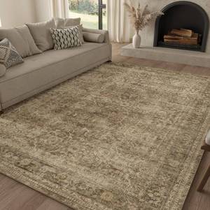 lot 19291 image: FMFUNCTEX 5x7 Washable Area Rug Neutral Vintage Brown Non Slip Low Pile Traditional Indoor Carpet for Living Room Bedroom Soft Retro Floral Mat Throw Rug for Dining Office Kitchen Dorm Entryway