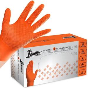 lot 19307 image: 1st Choice 6 mil Orange Gloves, Disposable, Latex Free, Raised Diamond Grip, Mechanic Glove for Men, Medium, 1 Box of 100