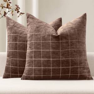 lot 19333 image: MIULEE Decorative Chenille Check Throw Pillow Covers Vintage Plaid Couch Pillows 18x18 Inch Set of 2 Neutral Boho Farmhouse Cushion Covers Modern Home Decor for Sofa Bed Living Room Reddish Brown
