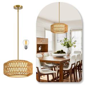 lot 19335 image: AyshwillDec 12.6 inch Natural Rattan Light Fixture Woven Pendant Lights Rustic Light Fixtures Fabric Shade Boho Chandelier for Dinning Room Kitchen (Bulb Incl.)