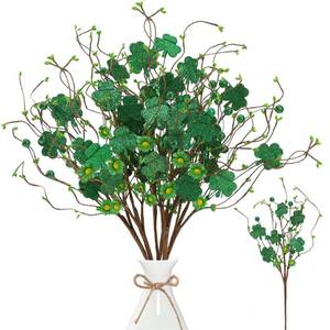 lot 19338 image: Sggvecsy St.Patricks Day 6 Pcs Shamrock Berry Stems Artificial Wooden Shamrock Flower Picks Green Berry Branches with Daisies for Irish St.Patricks Day Arrangement Centerpiece Home Vase Decor