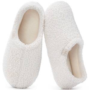 lot 20296 image: HomeTop Womens Fuzzy Curly Fur Memory Foam Loafer Slippers Bedroom House Shoes with Polar Fleece Lining (8.5, Cream White)