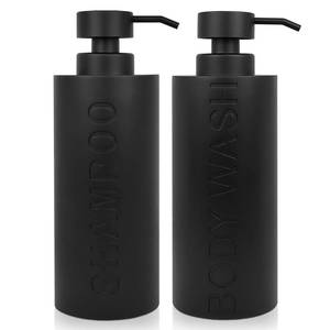 lot 20332 image: Large Soap Dispenser for Bathroom, Matte Black Resin 2 Pcs Body Wash and Shampoo Dispenser Set, Modern Luxurious Refillable Pump Bottle with Embossed Text, Liquid Dispenser Easy-to-Press
