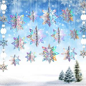 lot 20351 image: JULMELON 15Pcs Frozen 3D Hanging Snowflakes Decorations, Holographic Snowflakes Garland Silver Snowflakes for Winter Wonderland Decorations Frozen Birthday Party Supplies
