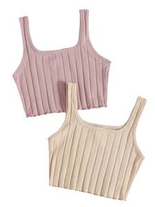 lot 20390 image: SHENHE Girls 2 Piece Sleeveless Scoop Neck Ribbed Lettuce Trim Tank Crop Tops Pink and Khaki 11-12Y