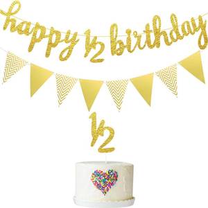 lot 20419 image: Boao Pre- Strung Half Birthday Decorations Set 6 Months Happy 12 Birthday Banner, Glitter 12 Half Year Cake Topper, Triangle Flag Banner for Baby Shower Party Photoshoot Props (Gold)