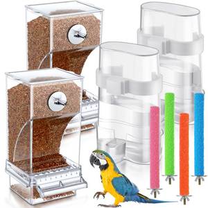 lot 1036 image: Yaomiao 8 Pcs No Mess Small Bird Feeders with 4 Pcs Cage Perch Automatic Drinker Parakeet Seed Dispenser Quail Feeder and Watered Cage Accessories for Small Birds Parrot Cockatoo Canary(Clear)