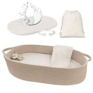 lot 1052 image: meloom Baby Changing Basket with Pads and Safety Belt- 100% Cotton Boho Baby Moses Basket Changing Table and Thick Pad with Waterproof Mattress Cover, Nursery Decor in Taupe Color with Storage Bag