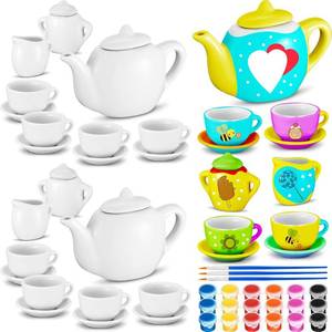 lot 1055 image: PullCrease 45 Pcs Spring Paint Your Own Tea Kit Craft DIY Tea Kit for Kids Ages 8 Mini Ceramic Tea Cups to Paint Including Porcelain Dishes Brush for Party Girls Boys SetStylish Style