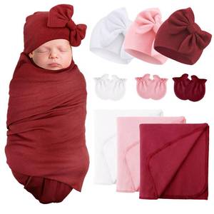 lot 2150 image: AQOKKA Newborn Receiving Blanket with Bow Hat Mittens Set Nursery Swaddle Wrap Toddler Swaddles for Newborn Baby Boy Girl