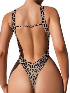 lot 2155 image: Foxiny Sexy Backless Cheeky High Cut Leg Thong V Neck One Piece Swimsuit Women Tummy Control Brazilian Open Back Bathing Suit Bikini Leopard #2 Medium
