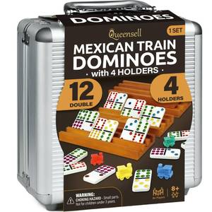 lot 2161 image: Mexican Train Dominoes Set with 4 Holders - Dominoes Double 12 with Wooden Hub and Tiles Holders - Double 12 Dominos Set for Family Game Night for Adults and Kids Ages 8 and up (D12  4 Holders)