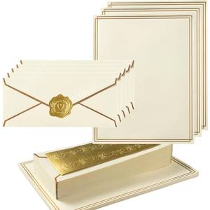 lot 2171 image: Topeen 50 Pack Stationery Set with Gold Border, #10 Business Envelopes and 8.5x11 Paper Sheets and Stickers for Writing Letters (Cream Color, 8.5x11 Inches)