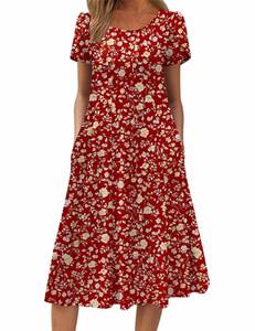 lot 2174 image: Zeagoo Red Floral Dress for Summer Womens Casual Midi Dresses 2026 A Line Flowy Sundress Short Sleeve Dresses, Red Floral XL