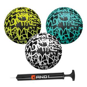 lot 2178 image: AND1 Mini Basketball Set for Kids (Deflated w Pump Included) - 3 Pack of Premium Youth Size Basketballs, Easy to Grip, Shoot & Dribble, Made for Indoors and Outdoors, Graffiti