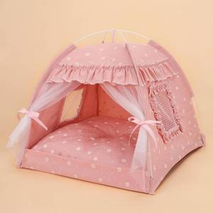lot 2179 image: Selena Cat Bed Tents Dog House Indoor Outdoor Lace Mesh Breathable Windows Door Curtains Removable Portable Nest Teepe House (Small,Pink(Ruffled Teim))