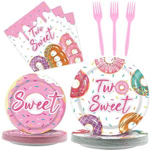 lot 2223 image: ZOIIWA 96 Pcs Two Sweet Donut Birthday Party Supplies Girls Donut Themed Tableware Table Decor Baby Girl 2nd Birthday Paper Plates Napkins Disposable Dinnerware Party Favor for Baby Shower 24 Guests