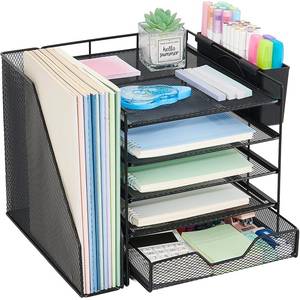 lot 3442 image: Gugsey Desk Organizer, 5-Tier Paper Letter Tray Organizer with File Holder, Drawer and Pen Holder, Desktop Organizer for Office Supplies, Black
