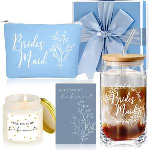 lot 3443 image: Inbagi Maid of Honor Gifts Box Set of 5 Includes Glass Cup with Lid and Straw Makeup Bag Sage Scented Candle Wedding Invitation Cards Proposal Gifts for Bridal Party Favors (Blue)