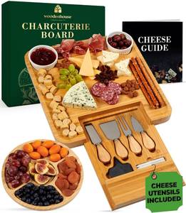 lot 3460 image: Bamboo Charcuterie Boards Gift Set - Meat and Cheese Tray with Utensils, Fruit Tray, and 2 Sauce Bowls Included - Bamboo Cheese Platter - House Warming Gifts New Home Couples & Family, Wedding Gifts