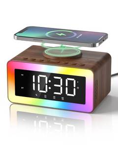 lot 4265 image: Alarm Clock with Wireless Charging, Bluetooth Speaker, WhiteBrown Noise Sound Machine Night Light, Wooden Digital Alarm Clocks for Bedrooms, Wireless Charger for iPhone, Birthday Gifts for Men Women