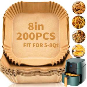 lot 4268 image: DSMY 200 PCS Air Fryer Disposable Paper Liners,8 Inch Square Parchment Disposable Paper Liner for 5-8QT Air Fryer,Baking, Roasting and Microwave, Non-Stick Airfryer Accessories