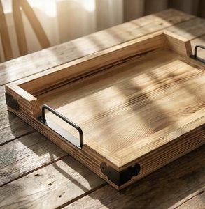 lot 4336 image: Wooden Rustic Large Serving Tray with Handles  Brown Pine Tree  Vintage Style  Unique Decorative Metal Corners  Ottoman & Outdoor Tray  Rustic Home Decor