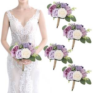 lot 5497 image: SEMONONIA Artificial Bridesmaid Bouquets 4Pcs -7 Inch Bridesmaid Bouquets Fake Floral Silk Rose Handmade for Wedding Holding Flowers, Bridal Shower,Engagement Wedding Ceremony Anniversary - Lilac