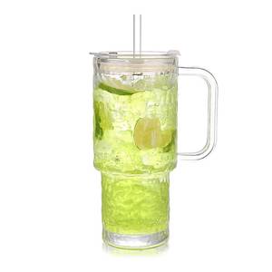 lot 5500 image: WeirdUncle Glass Tumbler with Handle, Lid and Straw, 26oz Thickened Iced coffee drinking glasses, Large capacity, Unbreakable, Ideal for Office, Travel, Every Day use and Gift (Clear Hammered)