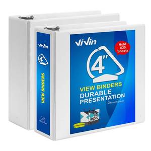 lot 5504 image: ViVin Durable 4 inch D Ring View Binder, Large 4 Slant-D Ring with 835-Sheet Capacity, Fit 8.5 x 11 Paper, 2 Pack(White)