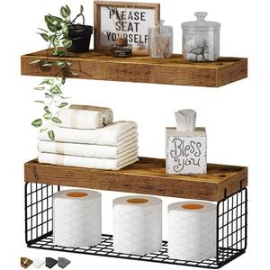 lot 5519 image: QEEIG Bathroom Shelves Over Toilet - Wall Mounted Floating Shelves Toilet Paper Storage Small Farmhouse Decor Shelf 16 inch Set of 2, Rustic Brown (019-BN2)