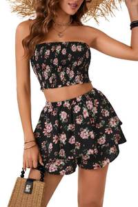 lot 6242 image: LYANER Womens 2 Piece Summer Outfits Boho Flora Print Crop Top Sleeveless Shirred Bandeau Tube Top and Tiered Layer Shorts Sets Black Small