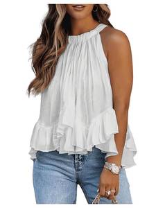 lot 6250 image: SweatyRocks Womens Halter Ruffle Flowy Top Sleeveless Ruched Sheer Tie Back Tanks Blouse White X-Large
