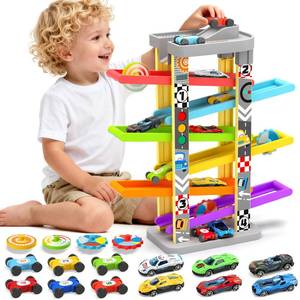 lot 6262 image: aotipol Montessori Toys for 2 3 Year Old Boy Girl, Car Ramp Toy Includes 12 Cars & 4 Spinning Tops, Race Car Track Toddler Toys for Age 2-4, Baby Boy Girl Kid Birthday Gift for 18 Month, Hollow Track