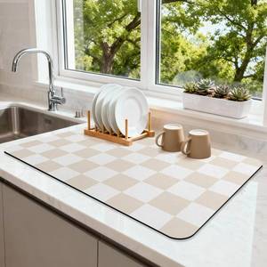 lot 6264 image: Focysep Checkered Dish Drying Mat 24 x 16for Kitchen Counter Coffee Mat Bar Accessories,Fit Uder Pot, Dish Rack,Hide Stain,Absorbent Easy Clean Beige