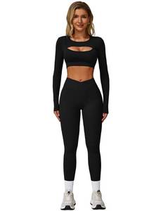 lot 6296 image: A2 Piece Workout Sets for Women Seamless High Waist Leggings Yoga Long Sleeve Cutout Crop Tops Athletic Gym Sets size M