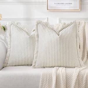 lot 6299 image: MIULEE Pack of 2 Sage Green Pillow Covers 18x18 Inch Striped Farmhouse Couch Spring Throw Pillow Covers with Fringe Chic Linen Decorative Cushion Covers for Sofa Living Room Bed Outdoor Home Decor